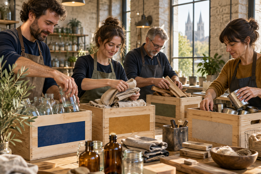 Atelier triant ses matériaux dans des bacs